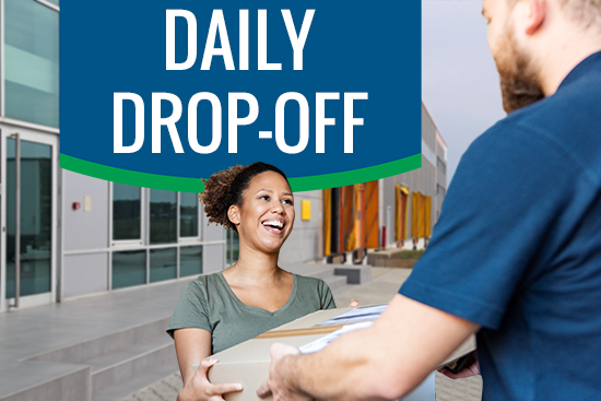 Daily drop-off graphic, woman dropping off shredding documents
