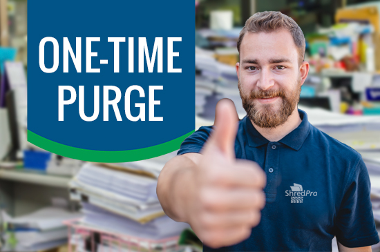 One-Time purge graphic, employee posing thumb up
